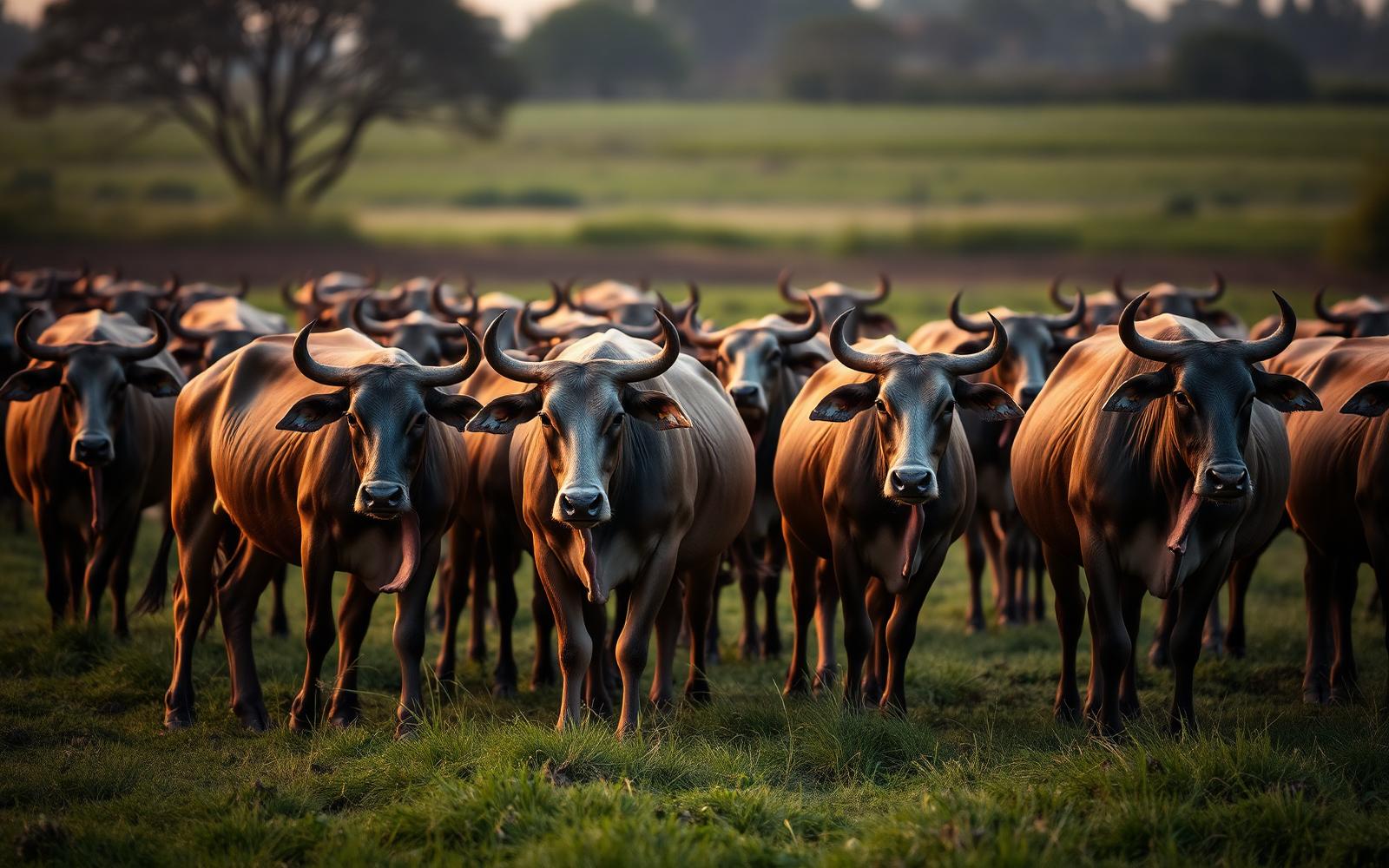 Herd of Gir cows with characteristic humps and long ears on Gujarat pasture