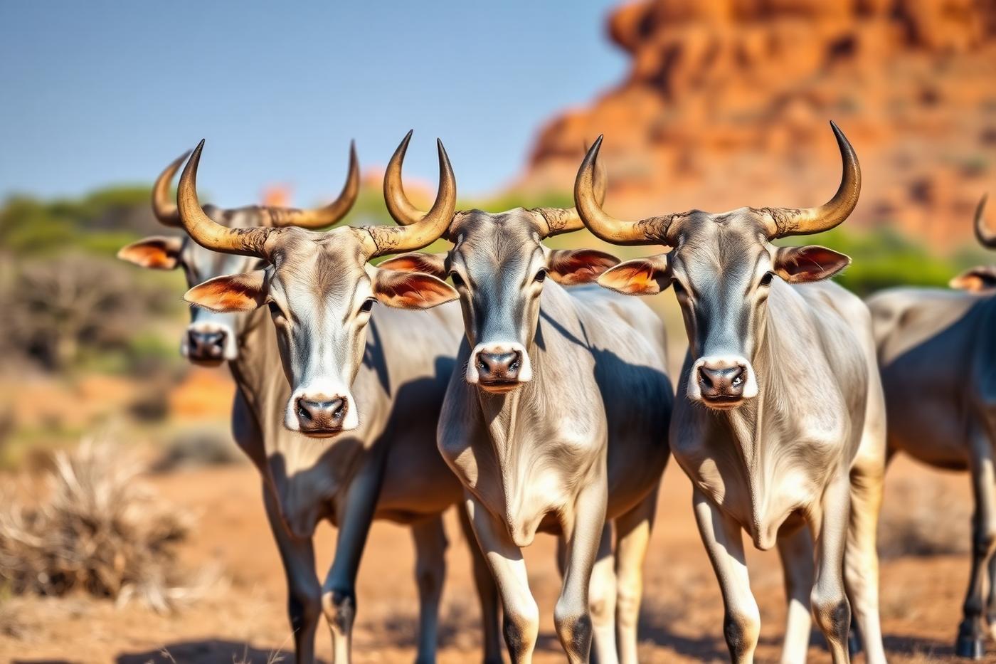 Kankrej cattle with lyre-shaped horns standing in a semi-arid Gujarat landscape