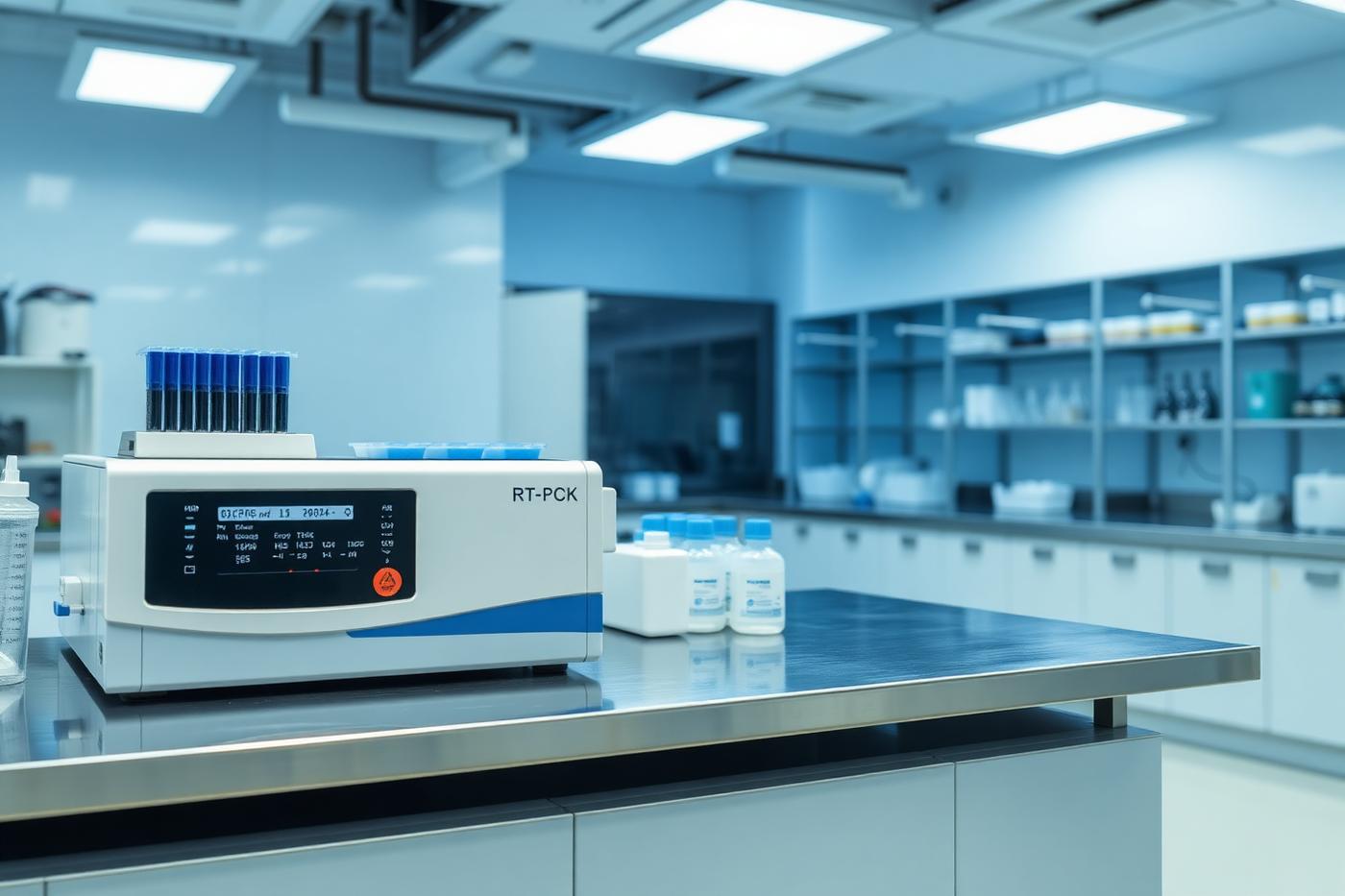 Real-time PCR instrument and reagent bottles in a dairy testing laboratory