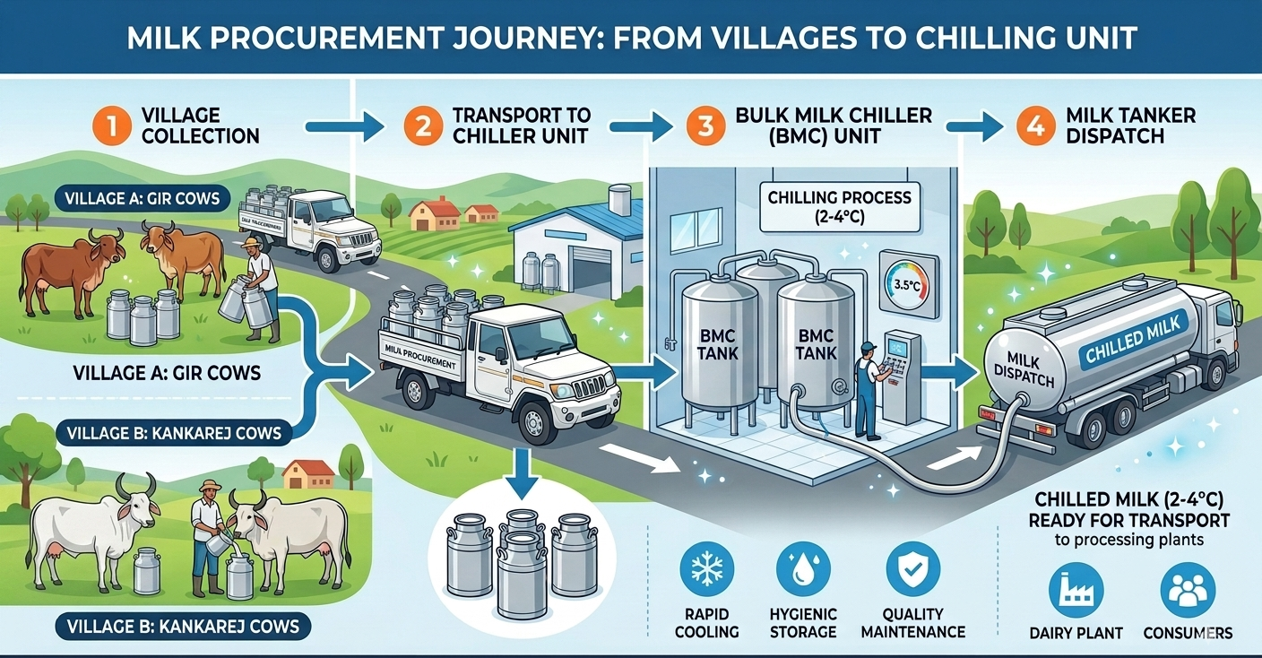 Infographic of the milk procurement journey: village collection from Gir and Kankrej cows, transport to the chiller unit, bulk milk chiller tanks at 2-4 degrees Celsius, and chilled milk tanker dispatch to dairy plants