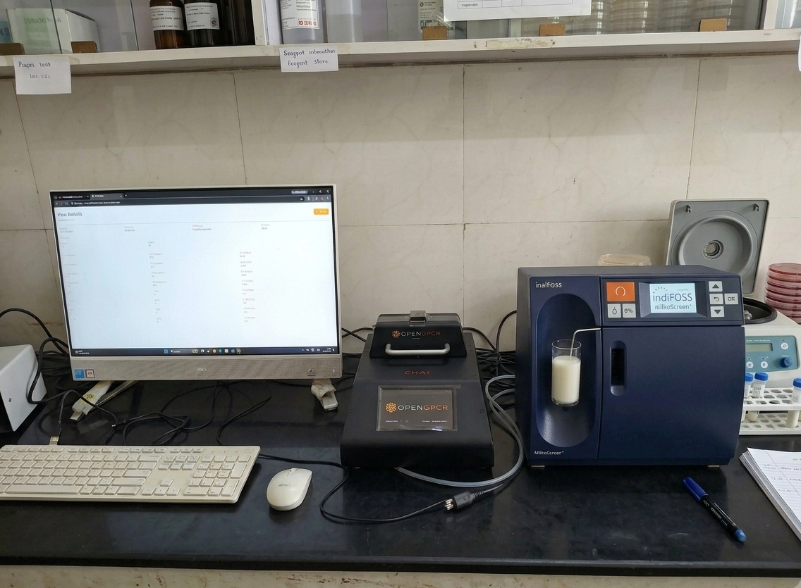 In-house RT-PCR thermocycler and milk analyser on the testing bench of our dairy quality laboratory