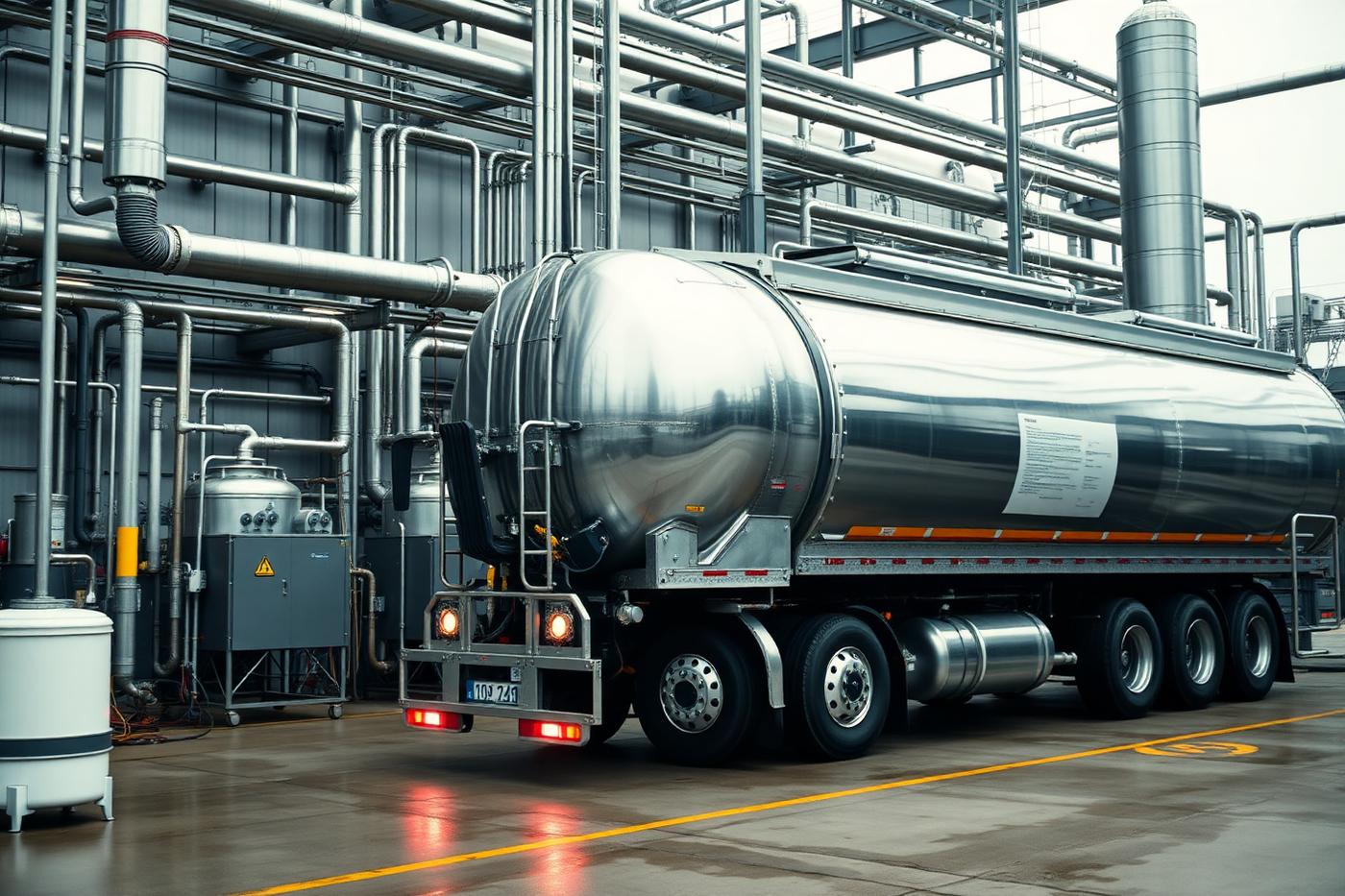 Stainless steel insulated milk tanker being loaded at a dairy processing plant